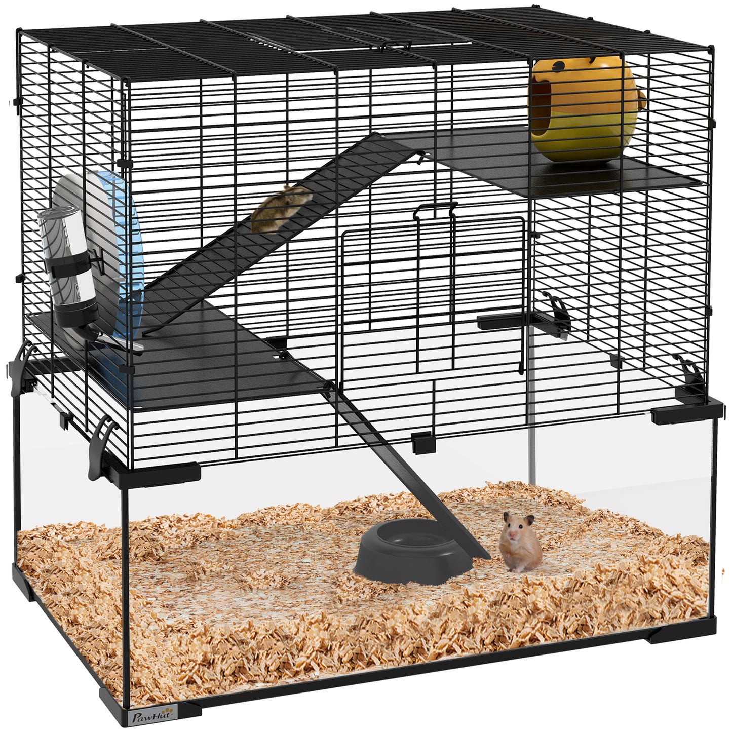 3 Tiers Hamster Cage, Gerbil Cage with Deep Glass Bottom, Non-Slip Ramps, Platforms, Hut, Exercise Wheels, Water Bottle