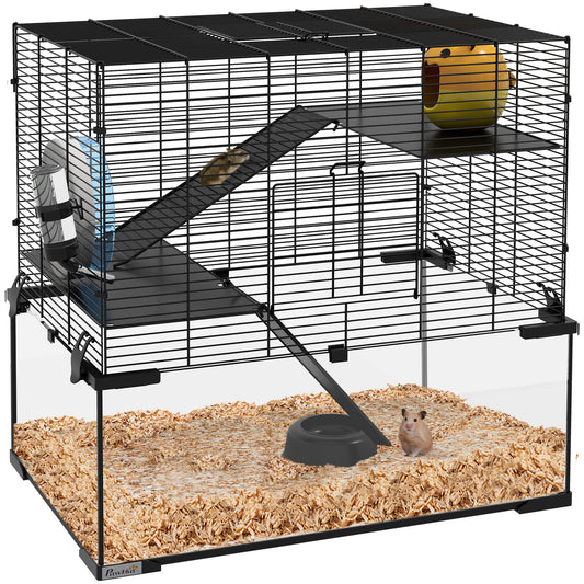 3 Tiers Hamster Cage, Gerbil Cage with Deep Glass Bottom, Non-Slip Ramps, Platforms, Hut, Exercise Wheels, Water Bottle