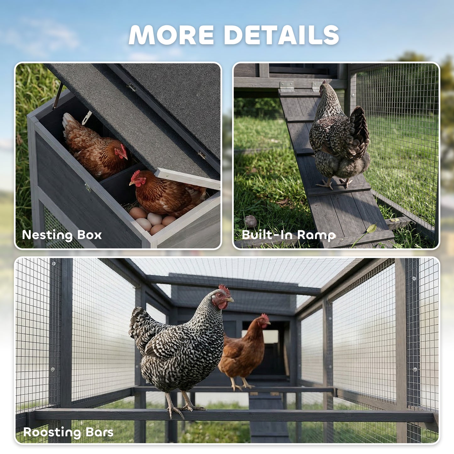 Large Chicken Coop, Wooden Hen House with Covered Run, Nesting Box, Pull-Out Tray, Opening Asphalt Roof