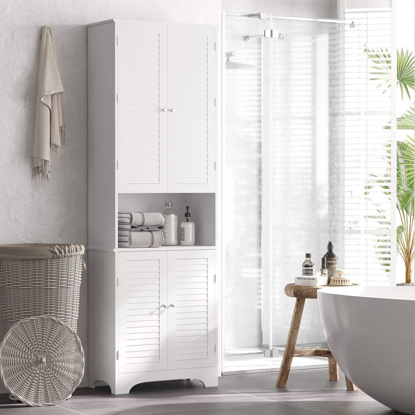 Tall Freestanding Bathroom Cabinet Retro Shutters w/ 3 Compartments Shelves Elevated Base Narrow Organiser White 60L x 30W x