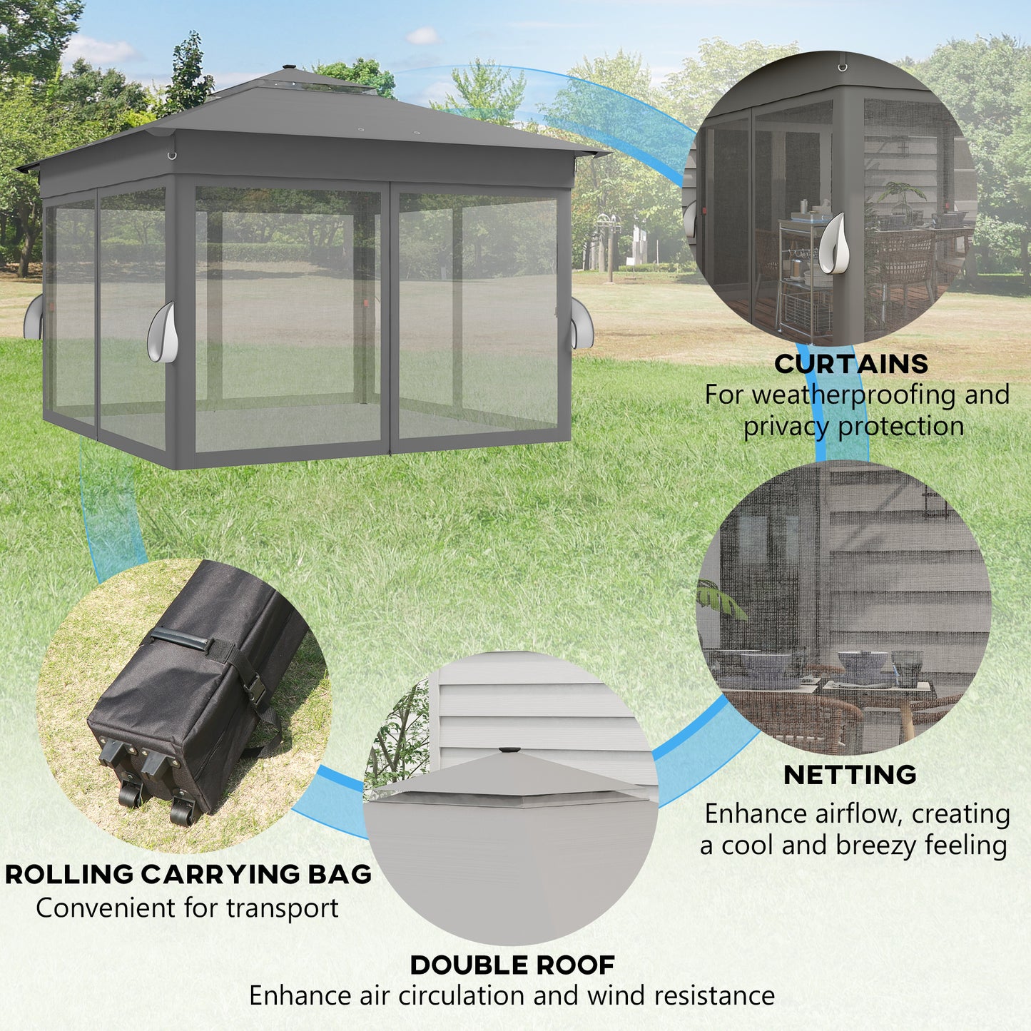 3.36 x 3.36m Pop Up Gazebo Party Tent with Solar-Powered LED Lights, Adjustable Event Shelter with Netting, Grey