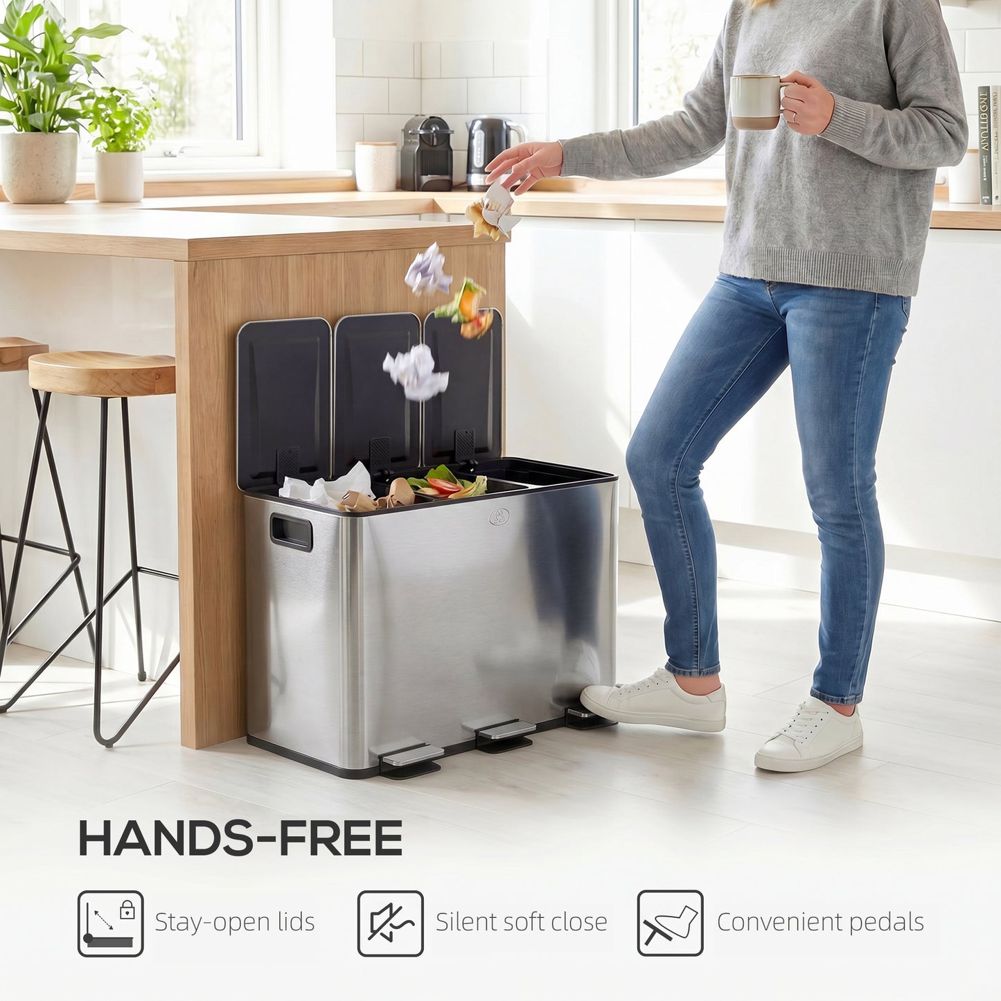 3 x 20L Pedal Bin, Steel Triple Kitchen Bin with Soft Close Lid, Removable Inner Buckets, Fingerprint-Proof, Silver Tone