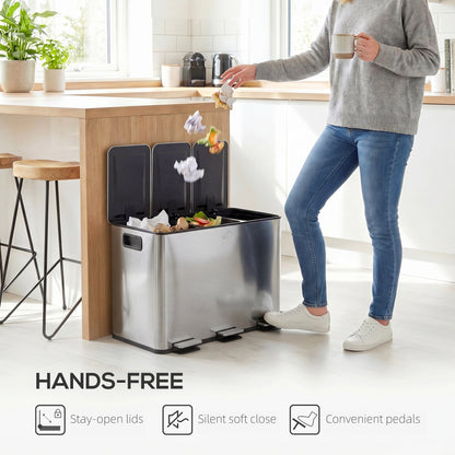 3 x 20L Pedal Bin, Steel Triple Kitchen Bin with Soft Close Lid, Removable Inner Buckets, Fingerprint-Proof, Silver Tone