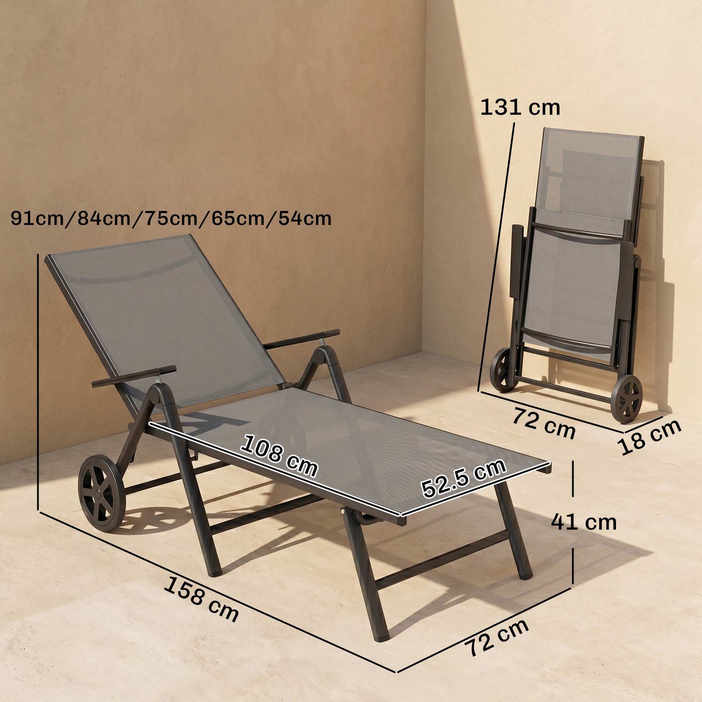 Five-Position Reclining Sun Lounger - Grey