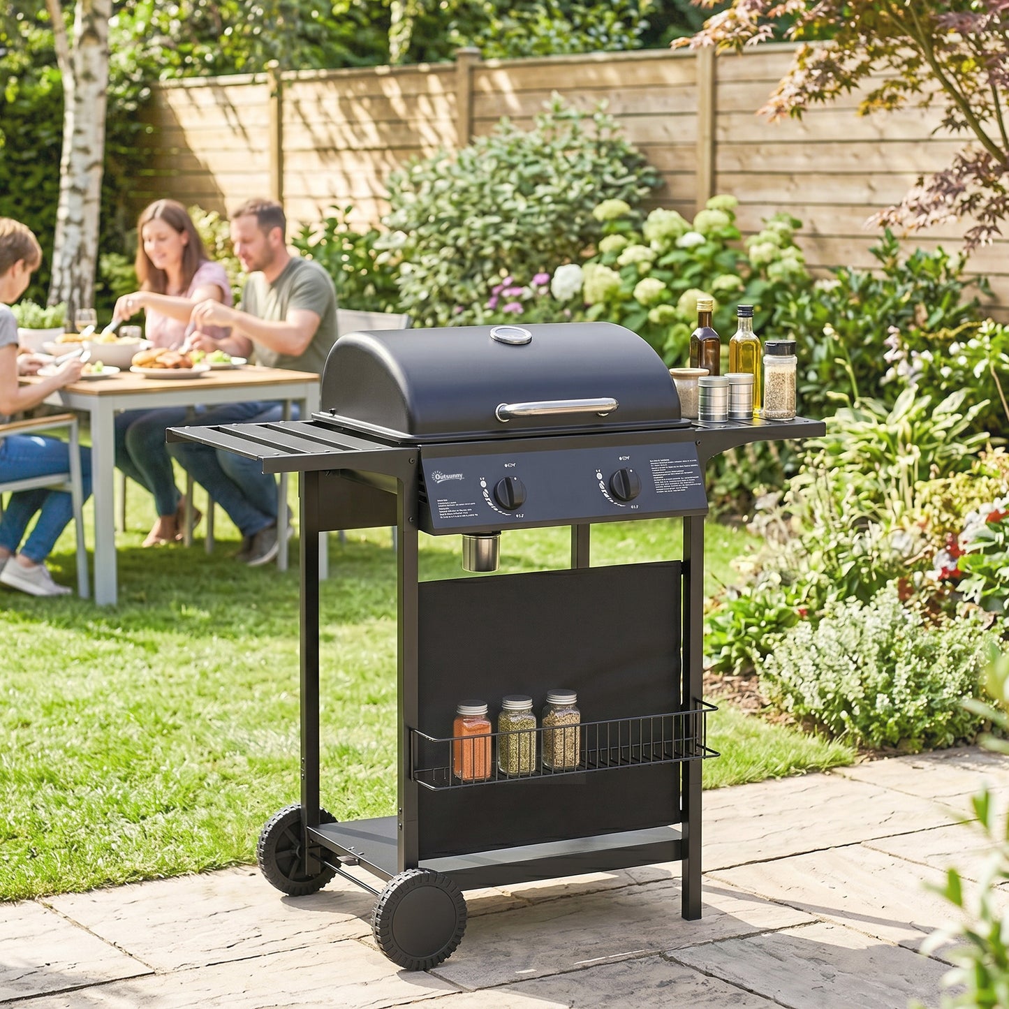 Gas Burner Barbecue Grill, 2 Burner Gas Grill with Side Tables, Warming Rack, Shelf, Thermometer, Grease Tray, Black