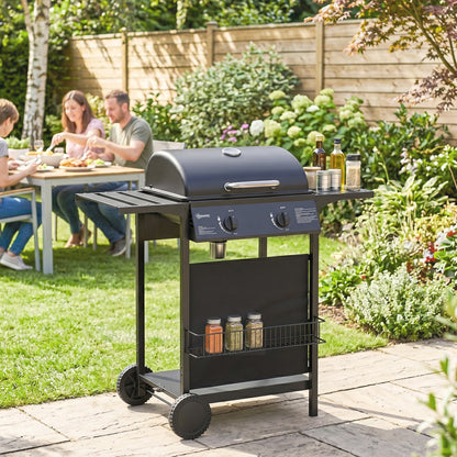 Gas Burner Barbecue Grill, 2 Burner Gas Grill with Side Tables, Warming Rack, Shelf, Thermometer, Grease Tray, Black