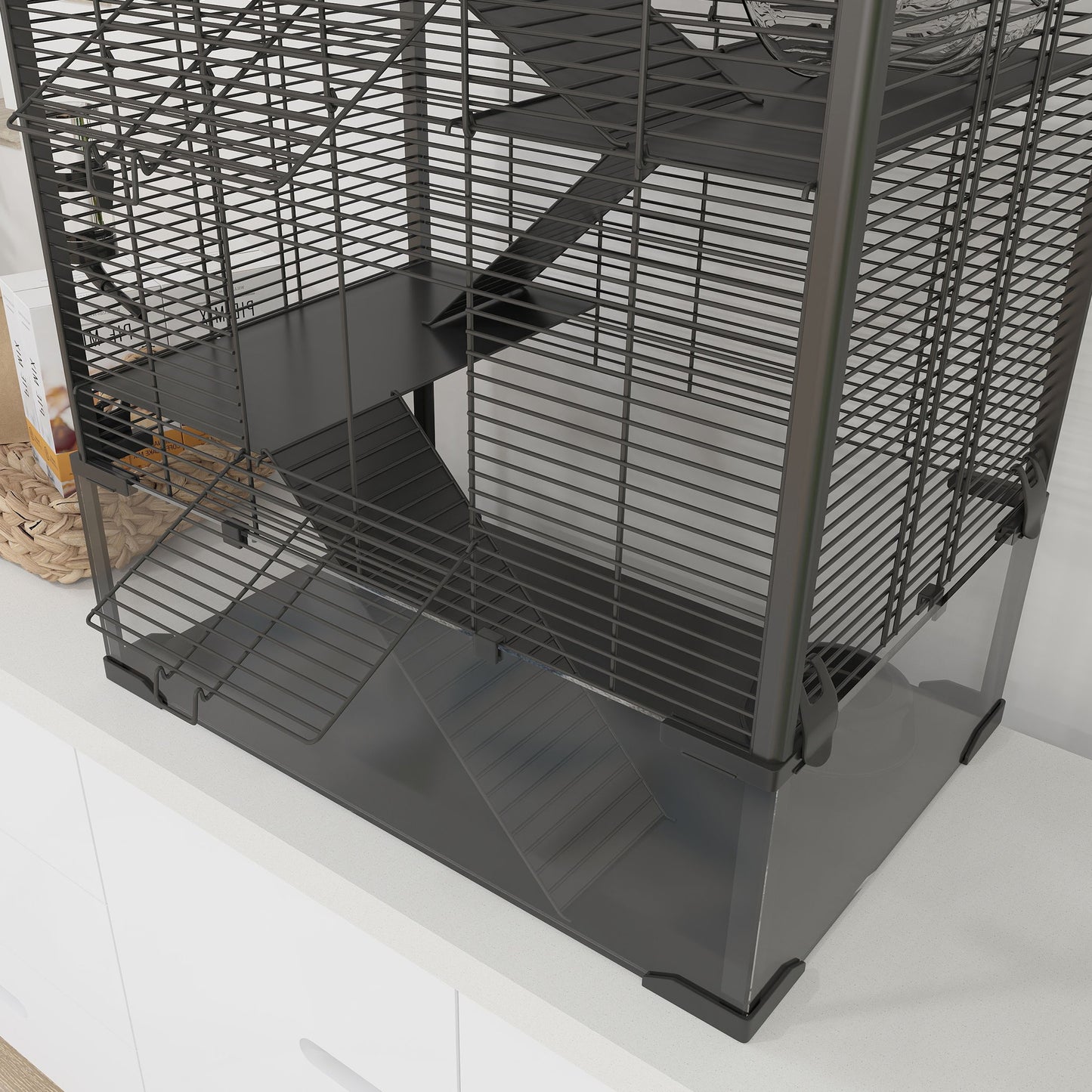Four-Tier Hamster Cage with Deep Tempered Glass Bottom, Hut, Running Wheel, Food Dish, Water Bottle, 60 x 40 x 80cm
