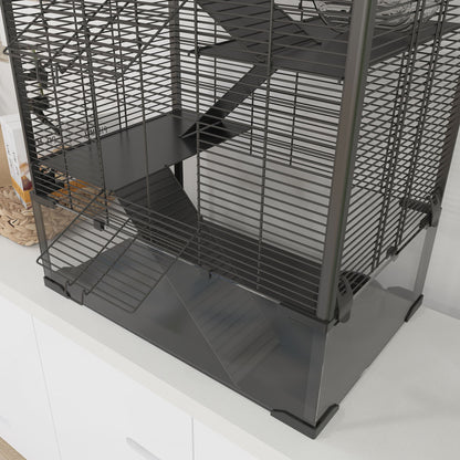 Four-Tier Hamster Cage with Deep Tempered Glass Bottom, Hut, Running Wheel, Food Dish, Water Bottle, 60 x 40 x 80cm