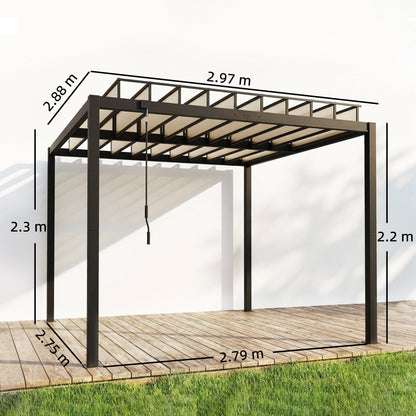 3 x 3 m Louvered Pergola with PC Roof, Aluminium Patio Gazebo Pergola Canopy with Drainage Gutters, Handle, Coffee
