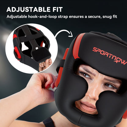 Boxing Headguard w/ Adjustable Strap for Sparring, Kickboxing, MMA, Red/Black