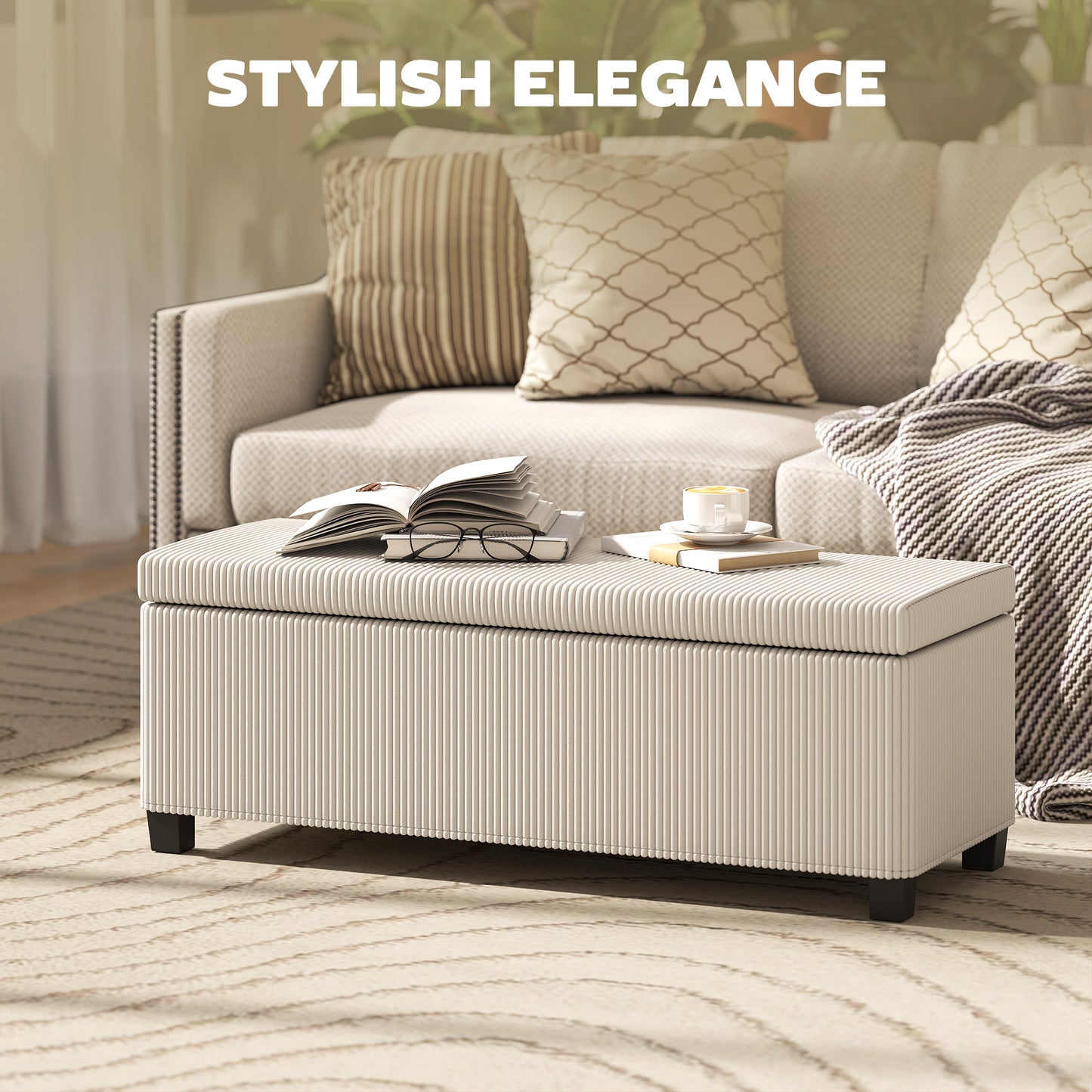Storage Ottoman Bench, Corduroy Storage Chest Box with Wooden Legs, 112cm Bed End Bench for Living Room, Bedroom, Entryway