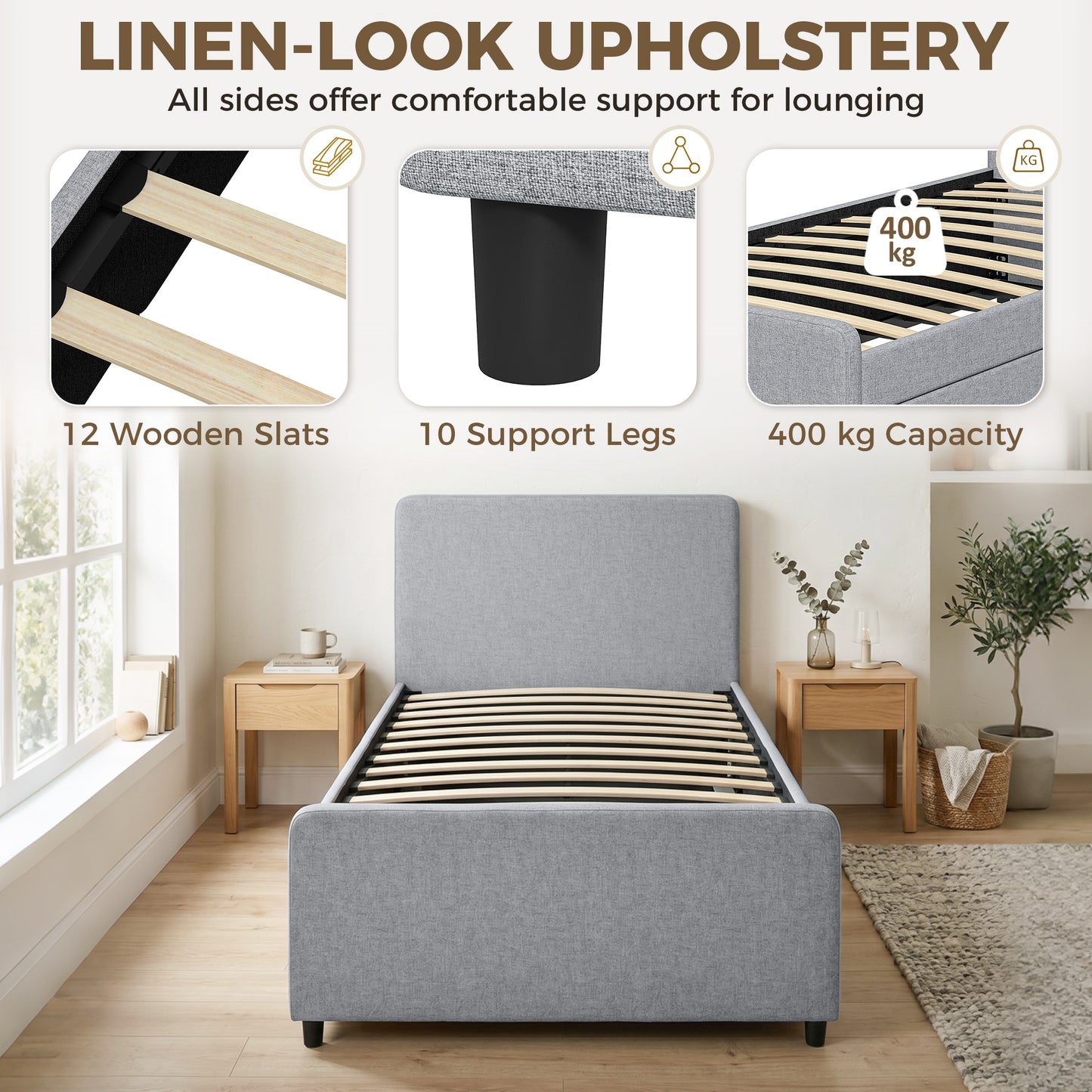 3ft Single Bed Frame with Trundle, Upholstered Pull Out Trundle Bed with Headboard and Footboard, Light Grey