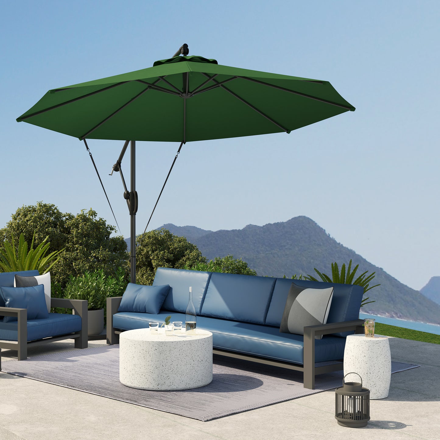 3(m) Garden Cantilever Parasol with Cover and Wind Protection Strap, Round Overhanging Umbrella with Crank Handle and Tilt