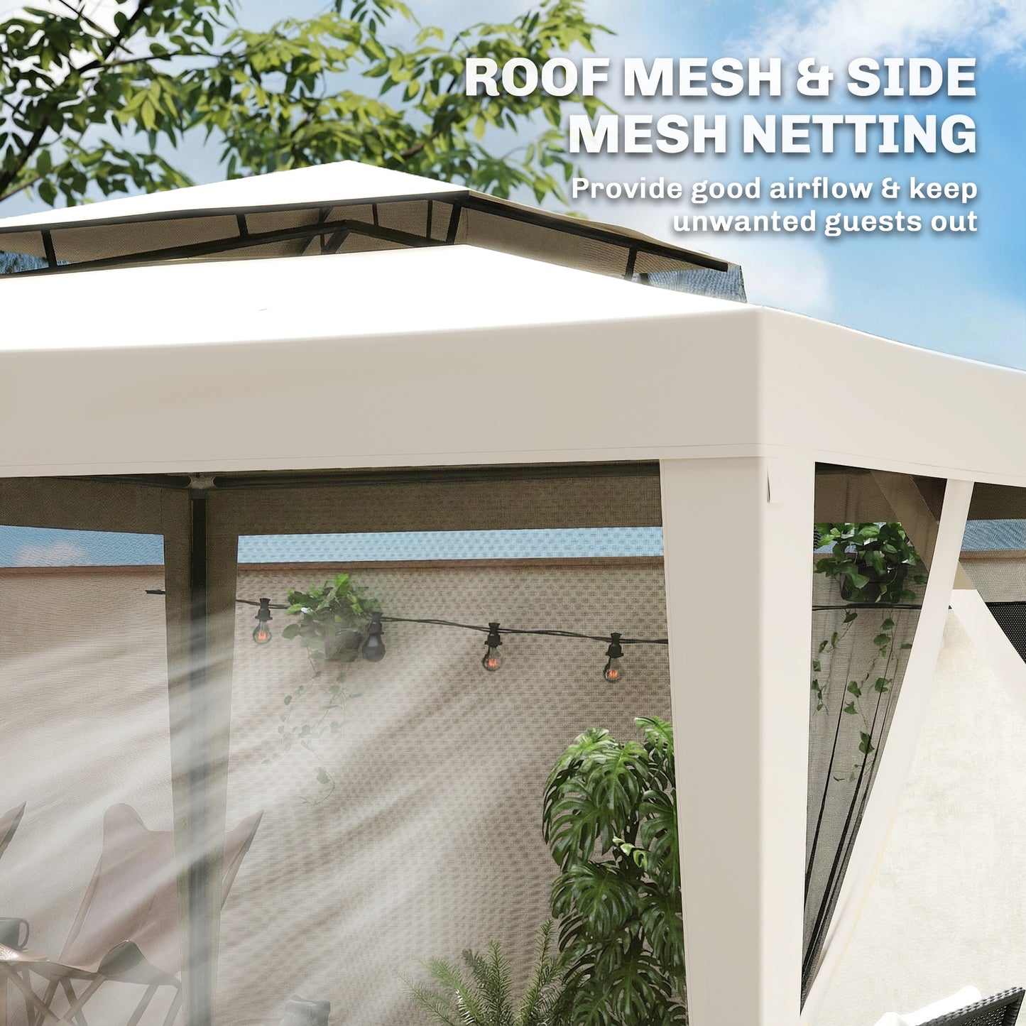 3 x 3 m Gazebo, Netting Party Tent, Patio Canopy Outdoor Event Shelter with Double Tier Roof, Cream White