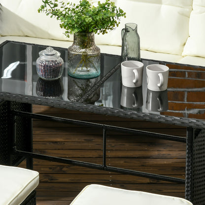 7 Seater Rattan Garden Furniture Set, 6 Piece Garden Dining Set, Armchairs, 3-Seater Sofa, Footstools, Glass Dining Table