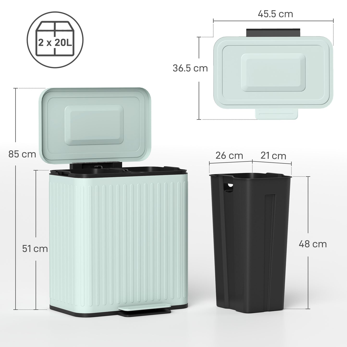 Dual Kitchen Bin, 2 x 20L Double Bin for Recycling and Waste, Fingerprint-proof Pedal Bin with Soft-Close Lid