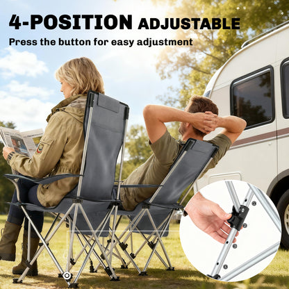 Set of 2 Reclining Folding Camping Chair w/ Detachable Footrest, Storage Bag, Cup Holder & Headrest