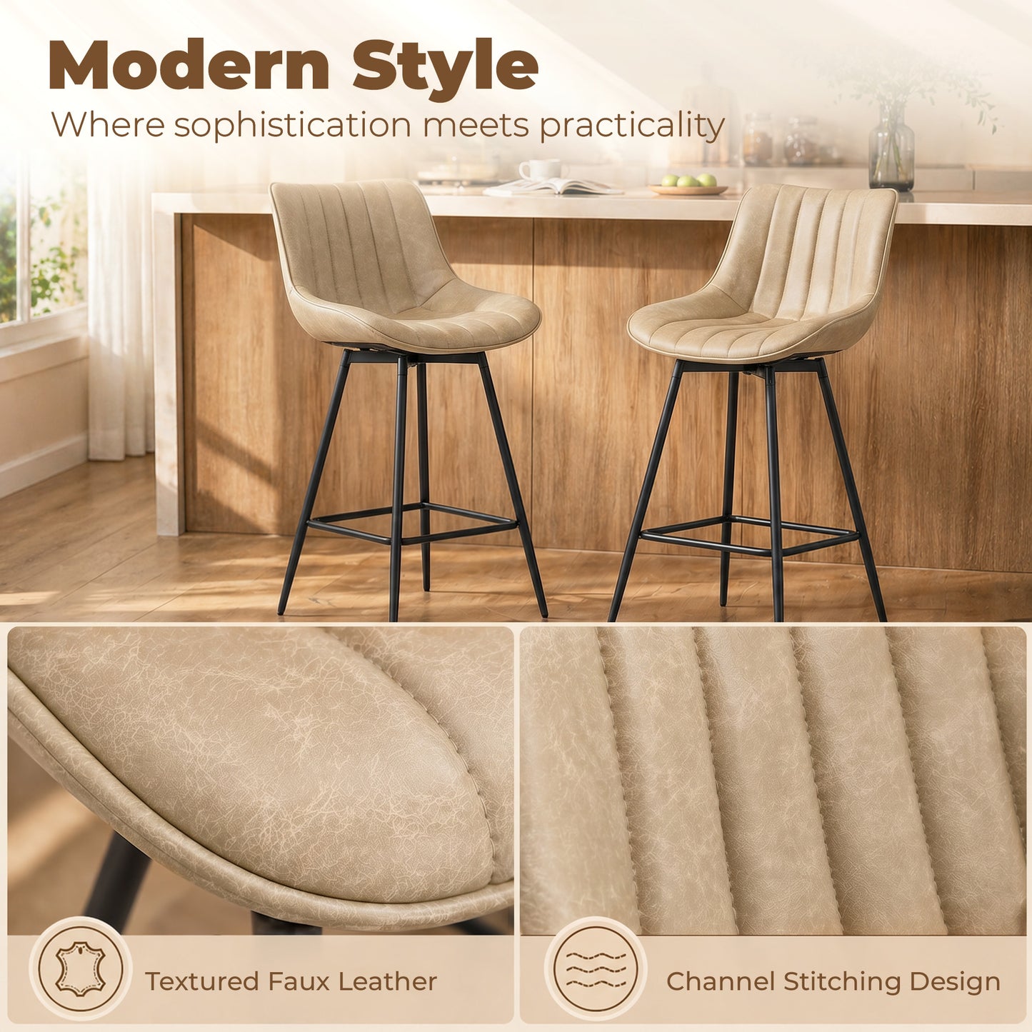 Set of 2 PU Leather Swivel Bar Stools - Light Brown