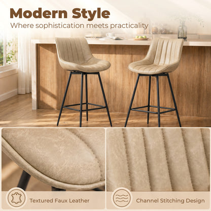 Set of 2 PU Leather Swivel Bar Stools - Light Brown
