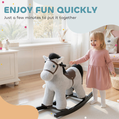 Baby Rocking Horse, Plush Ride on Toy with Handle Grip, Sound and Doll, Toddler Animal Rocker for Kids Aged 2-5, Grey