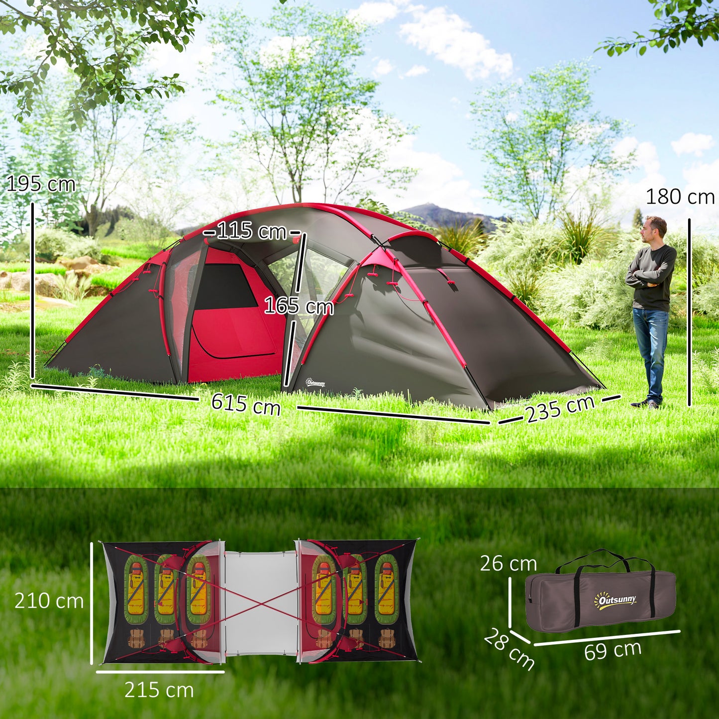 4-6 Man Family Camping Tent w/ 2 Bedrooms and a Living Room, Waterproof Tunnel Tent w/ Sewn In Groundsheet, Doors, Windows