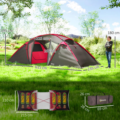 4-6 Man Family Camping Tent w/ 2 Bedrooms and a Living Room, Waterproof Tunnel Tent w/ Sewn In Groundsheet, Doors, Windows