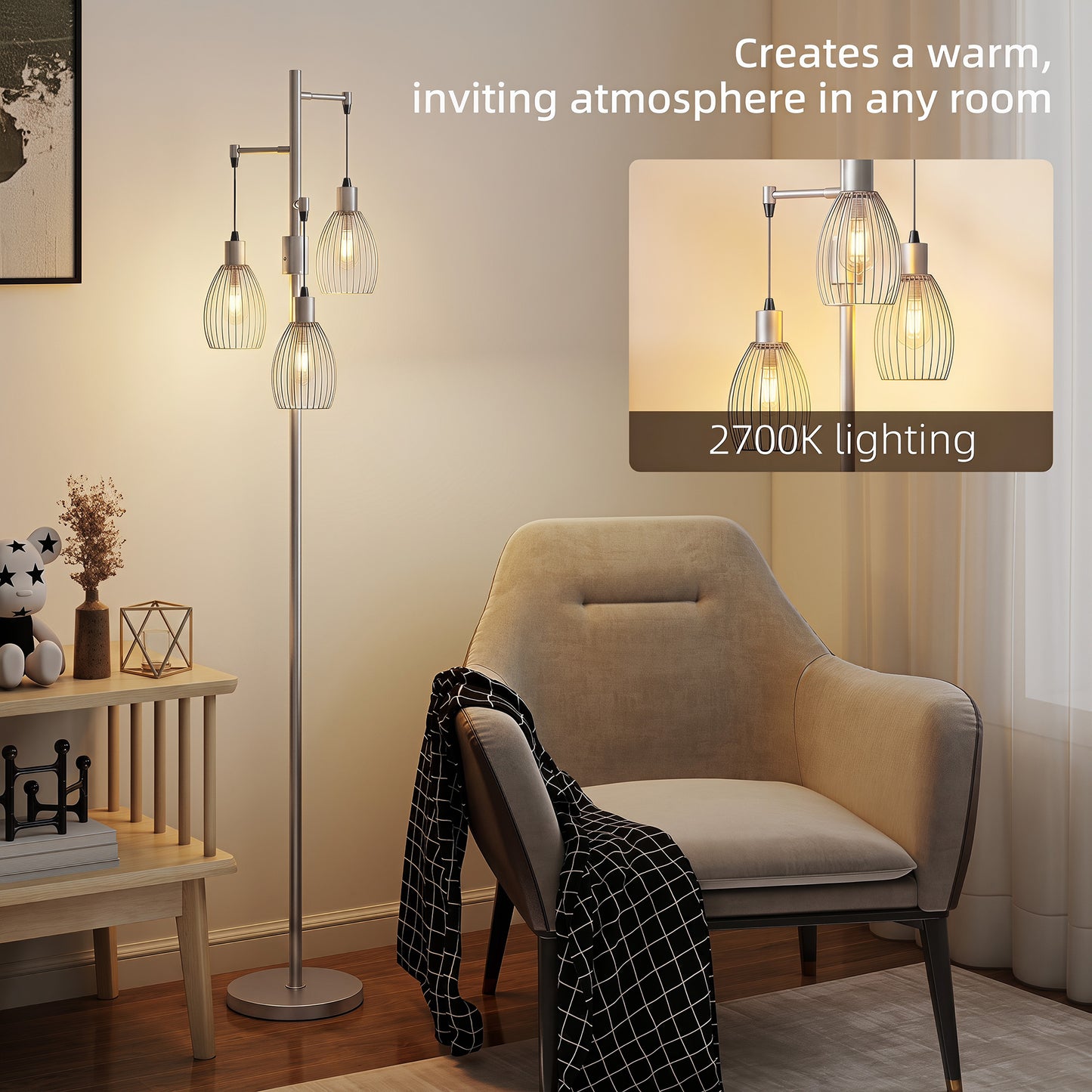 170.5cm Industrial Dimmable Standing Lamp, 3-Light Floor Lamp with Steel Wire Cage Lampshades, Silver Tone