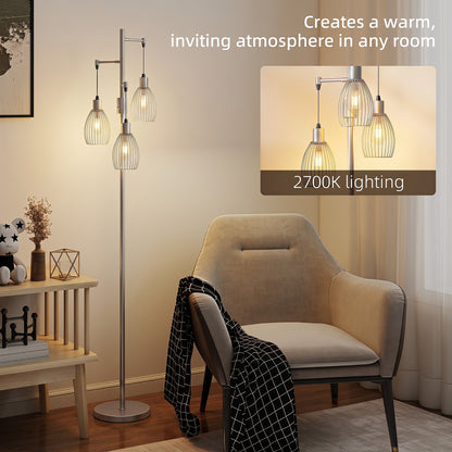 170.5cm Industrial Dimmable Standing Lamp, 3-Light Floor Lamp with Steel Wire Cage Lampshades, Silver Tone