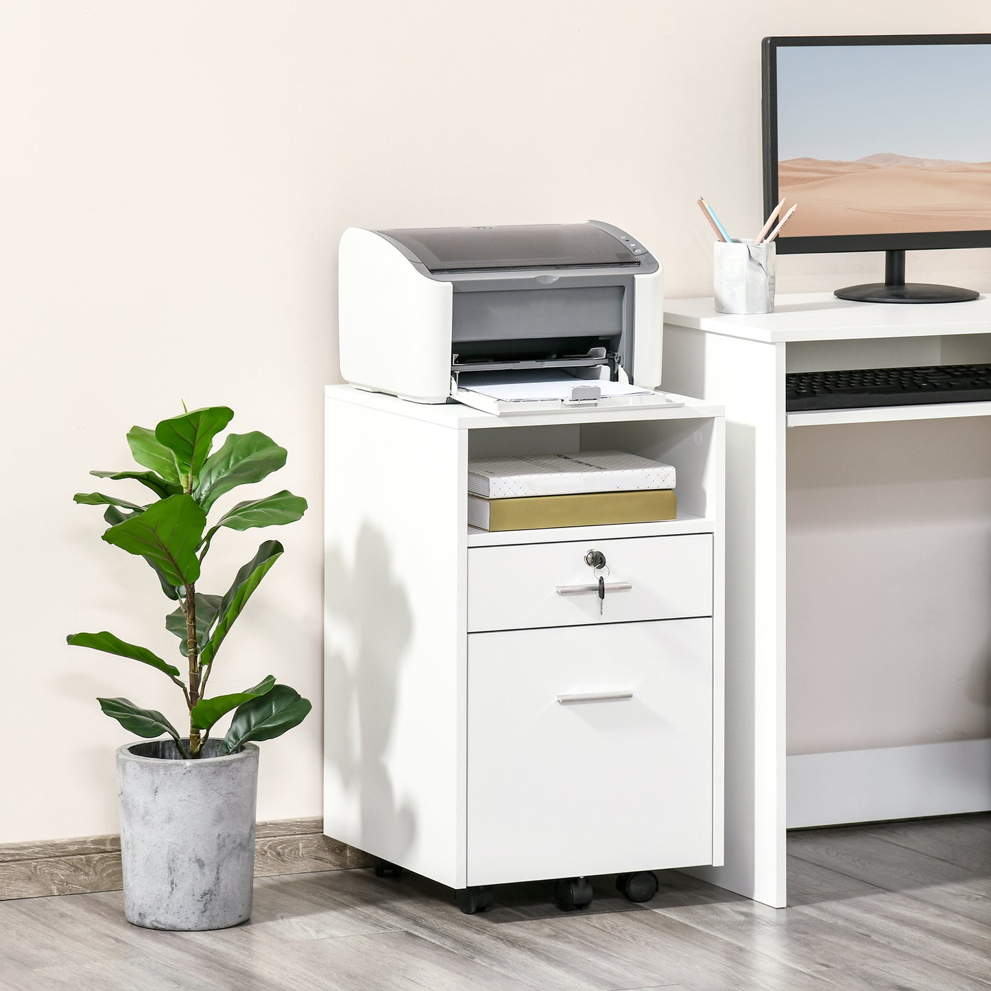 Lockable Two-Drawer Filing Cabinet, with Wheels - White