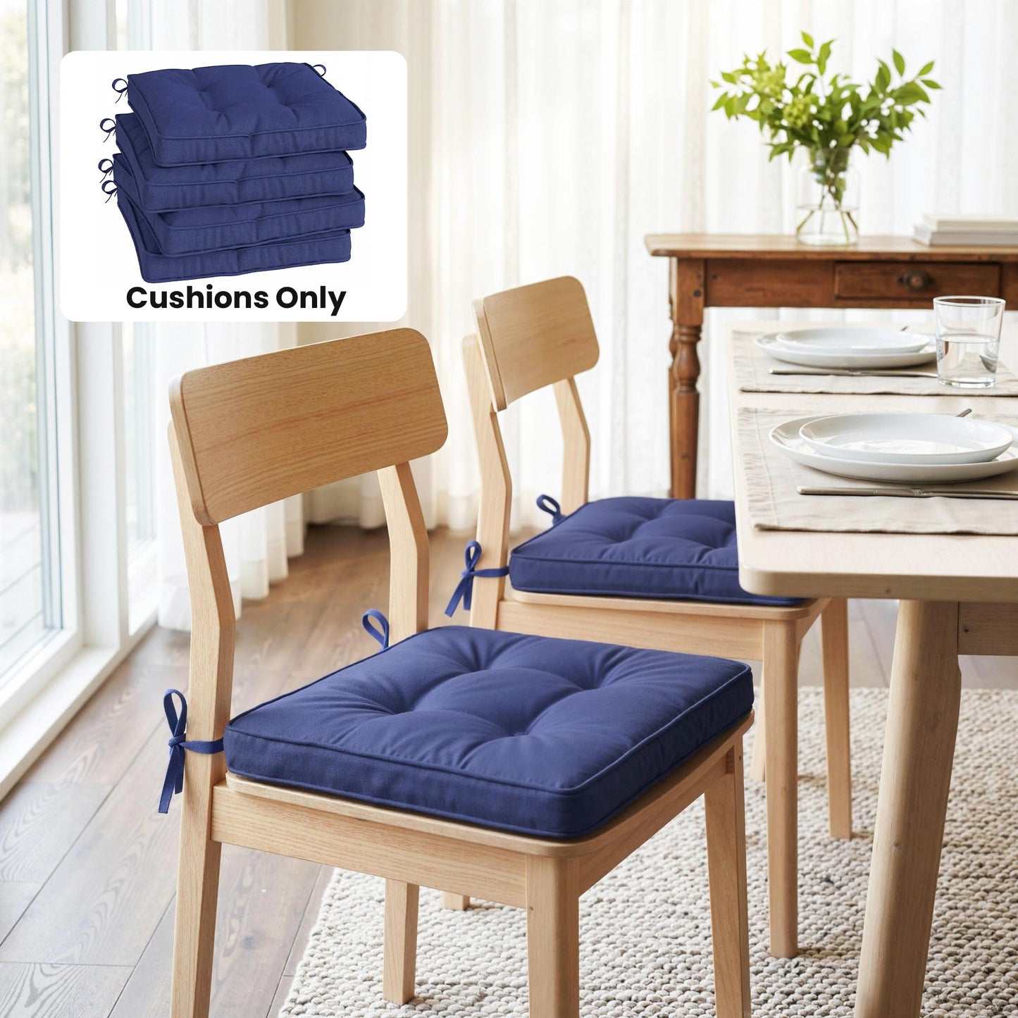 Garden Seat Cushion with Ties, 42 x 42cm Replacement Dining Chair Seat Pad, Dark Blue