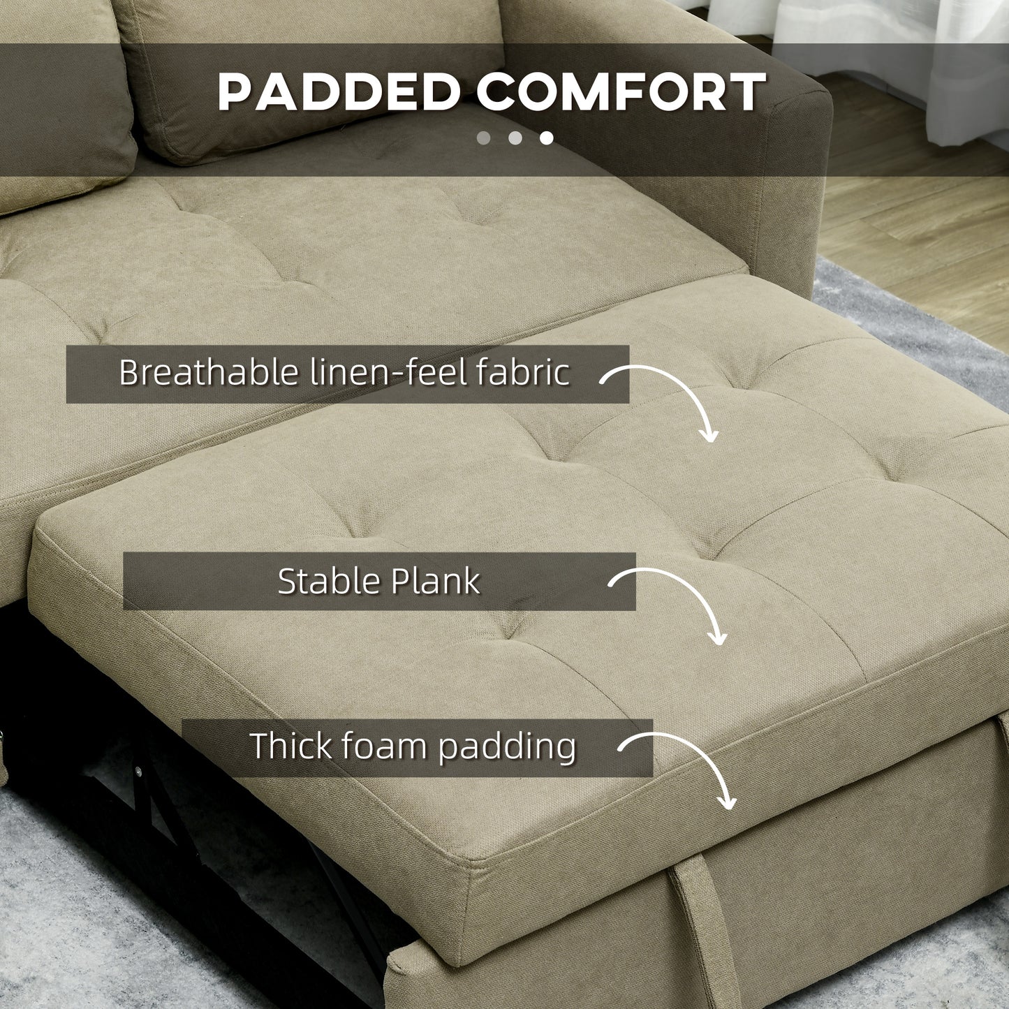 Loveseat Sofa Bed, Convertible Bed Settee with 2 Pillows, Side Pockets, Light Brown