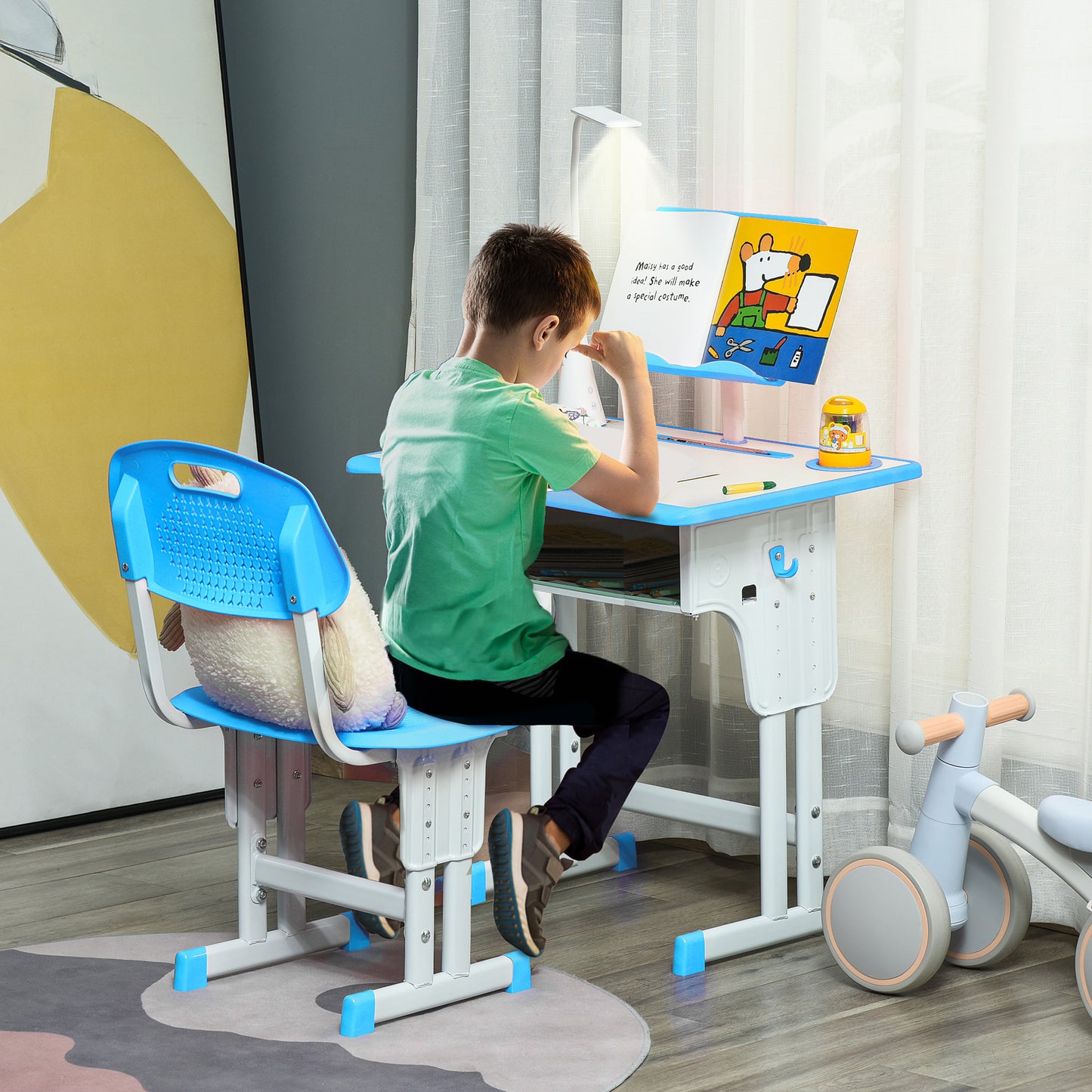 Kids Desk and Chair Set Adjustable Height Study Table Set with Drawer, Book Stand, Pen Slot - Blue