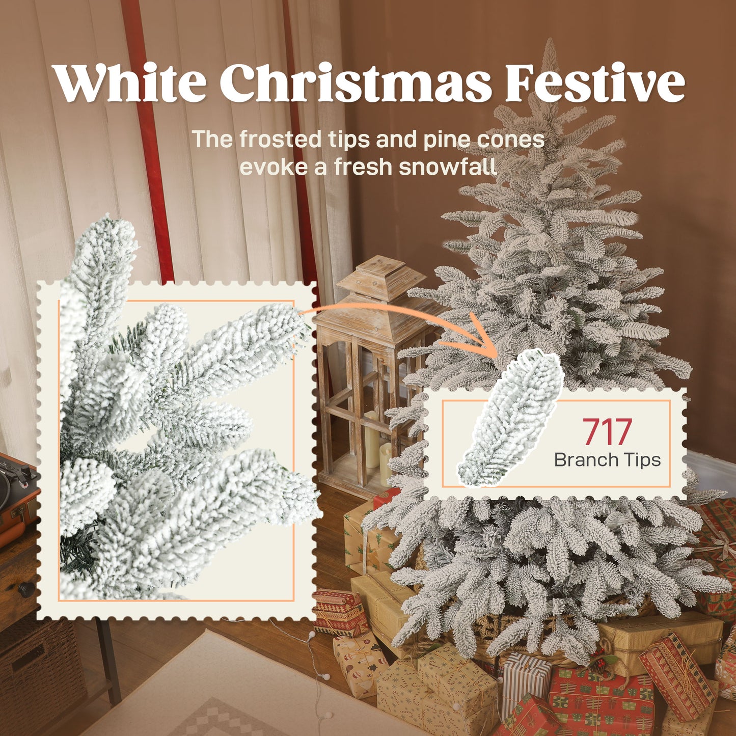 5 ft Artificial Flocked Christmas Tree with 717 Branches, Hinged Xmas Tree with Foldable Metal Stand