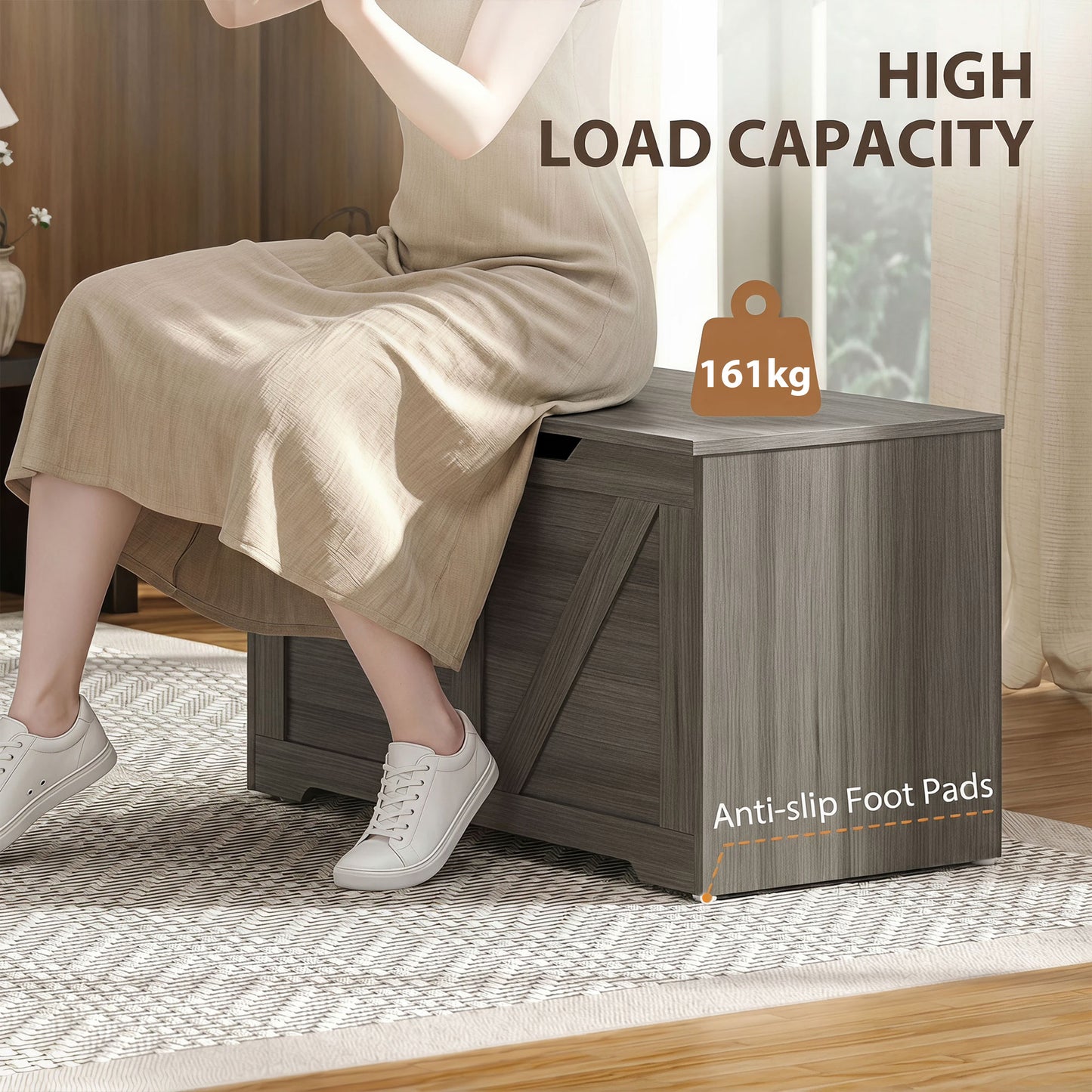 127L Home Storage Box, with Safety Hinges - Dark Grey Wood-Effect