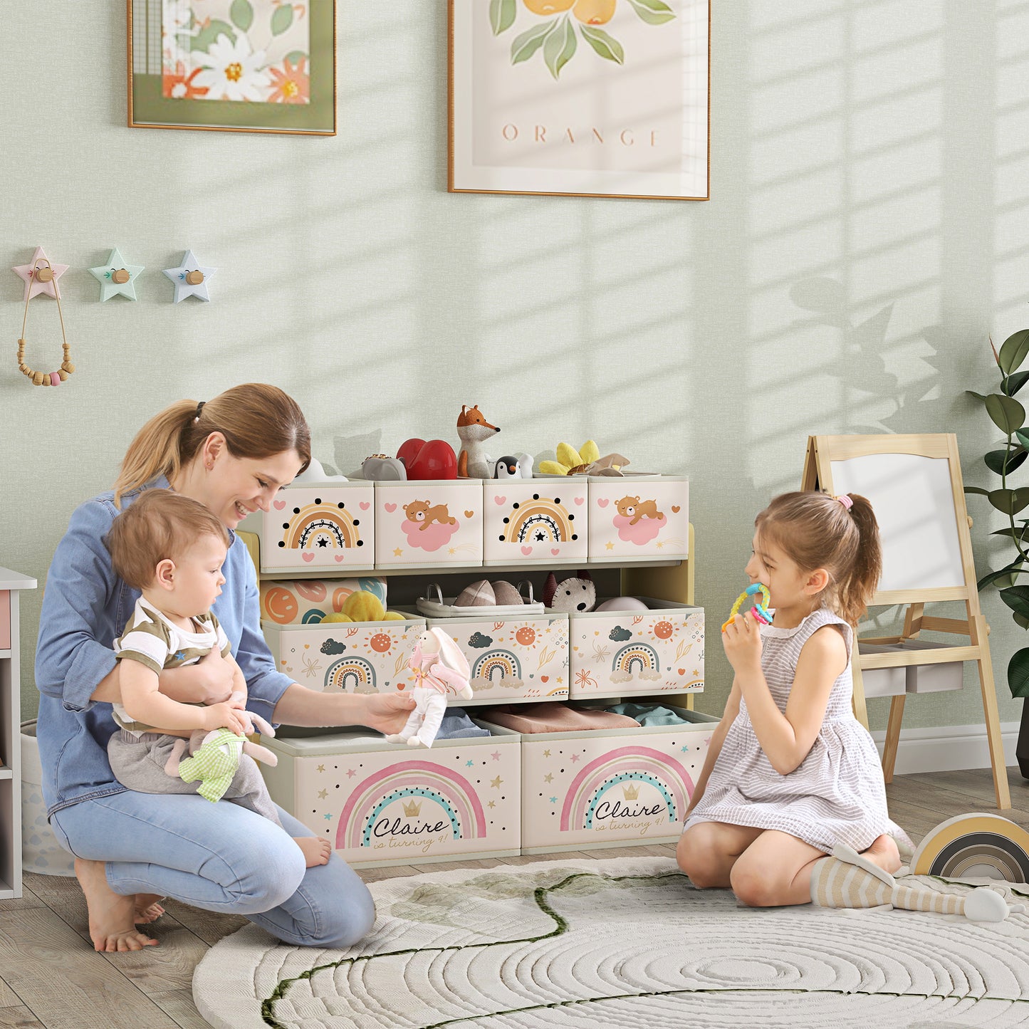 3-Tier Kids Storage Unit with 9 Non-Woven Fabric Boxes for Toys, Books, for Bedroom, Nursery, Yellow