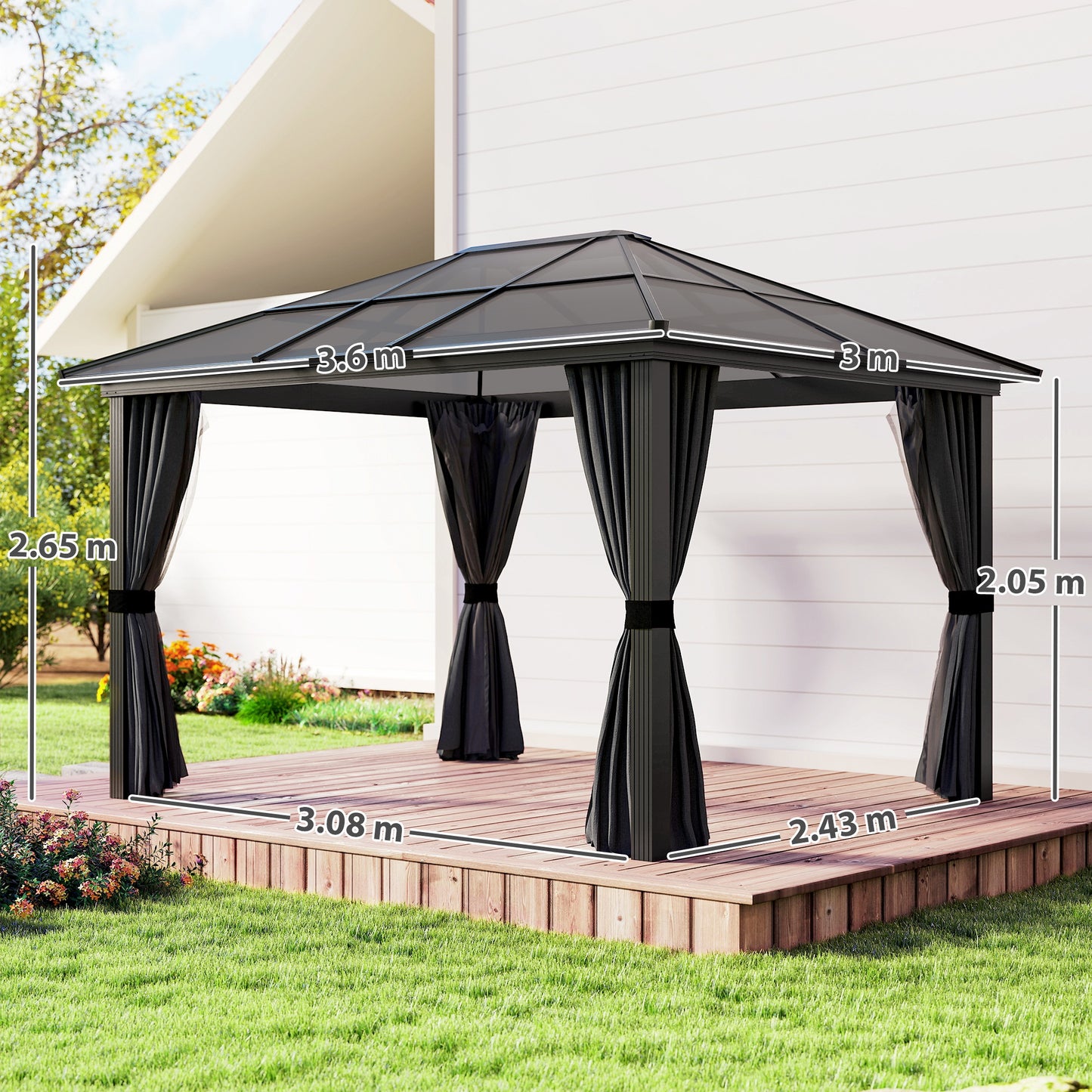3 x 3.6m Hardtop Gazebo Canopy with Polycarbonate Roof, Aluminium Frame, Permanent Pavilion Garden Gazebo