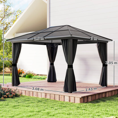 3 x 3.6m Hardtop Gazebo Canopy with Polycarbonate Roof, Aluminium Frame, Permanent Pavilion Garden Gazebo
