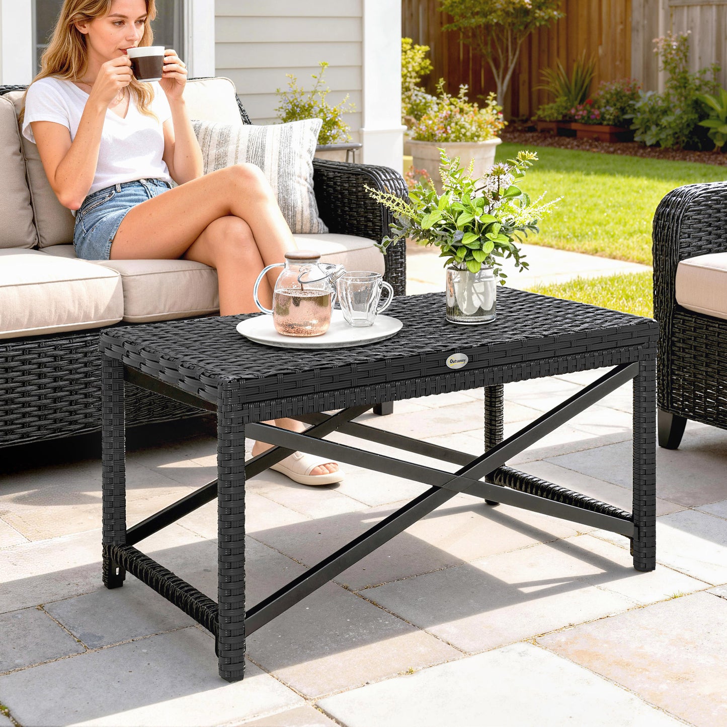 Outdoor Coffee Table Side Table with X-Shape Frame for Patio, Balcony, Black