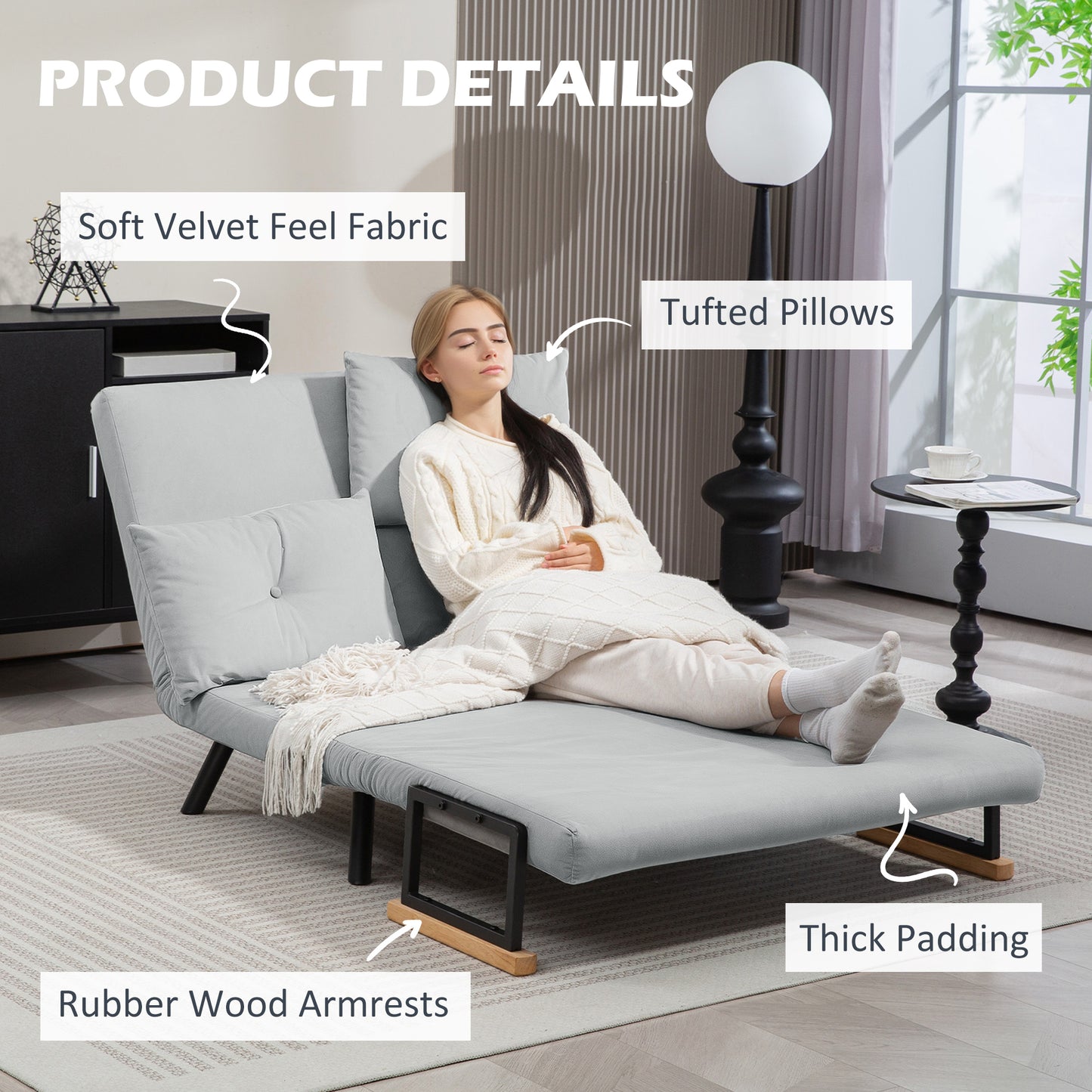 4-in-1 Velvet-Feel Double Sofa Bed, with Pillows - Light Grey