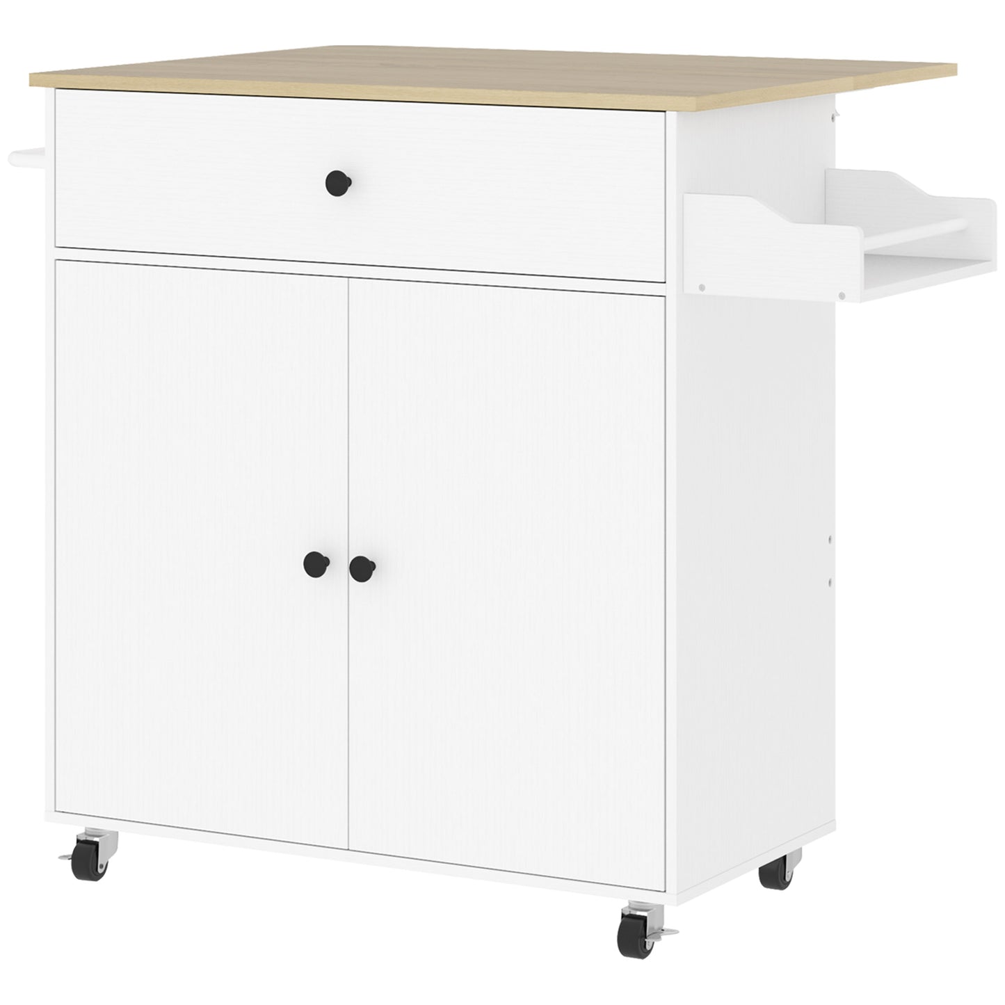 Rolling Kitchen Island with Drop Leaf, Kitchen Storage Cart with Drawer, Spice Rack and Towel Rack, White