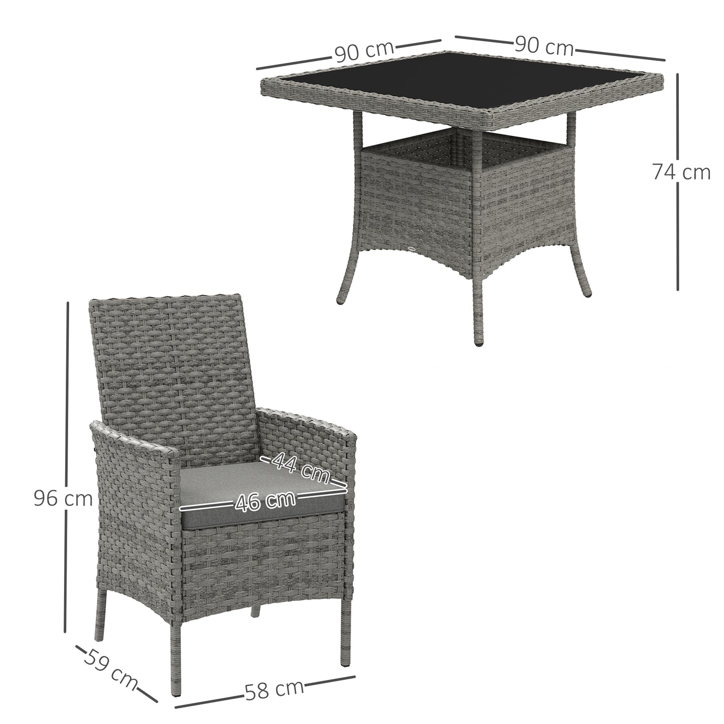 Rattan Garden Furniture Set, Outdoor Dining Table and Chairs 4 Seater with Cushions, Square Tempered Glass Top, 4 Armchairs