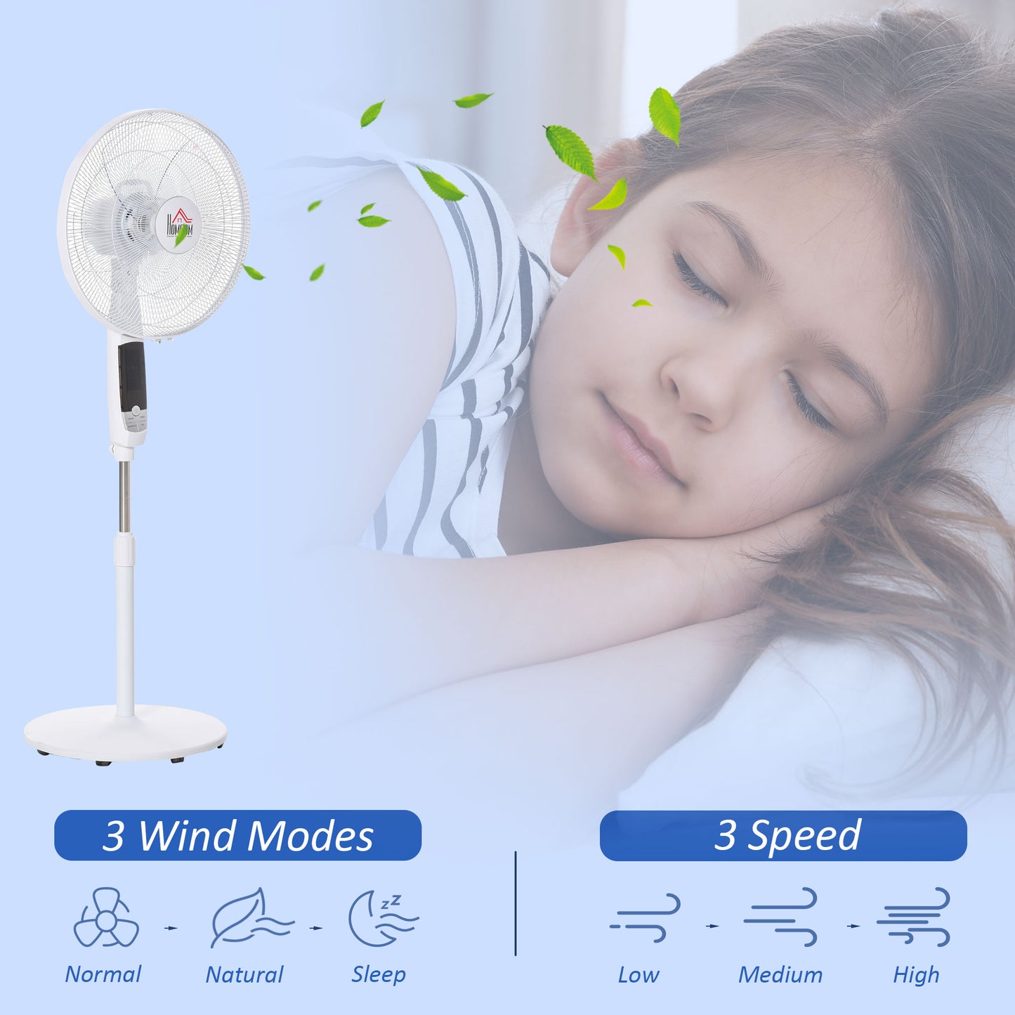 16'' Pedestal Stand Fan, 3 Speed 3 Mode, 85° Oscillation, LED Panel, 3M Remote Controller, Height Adjustable for Living Room