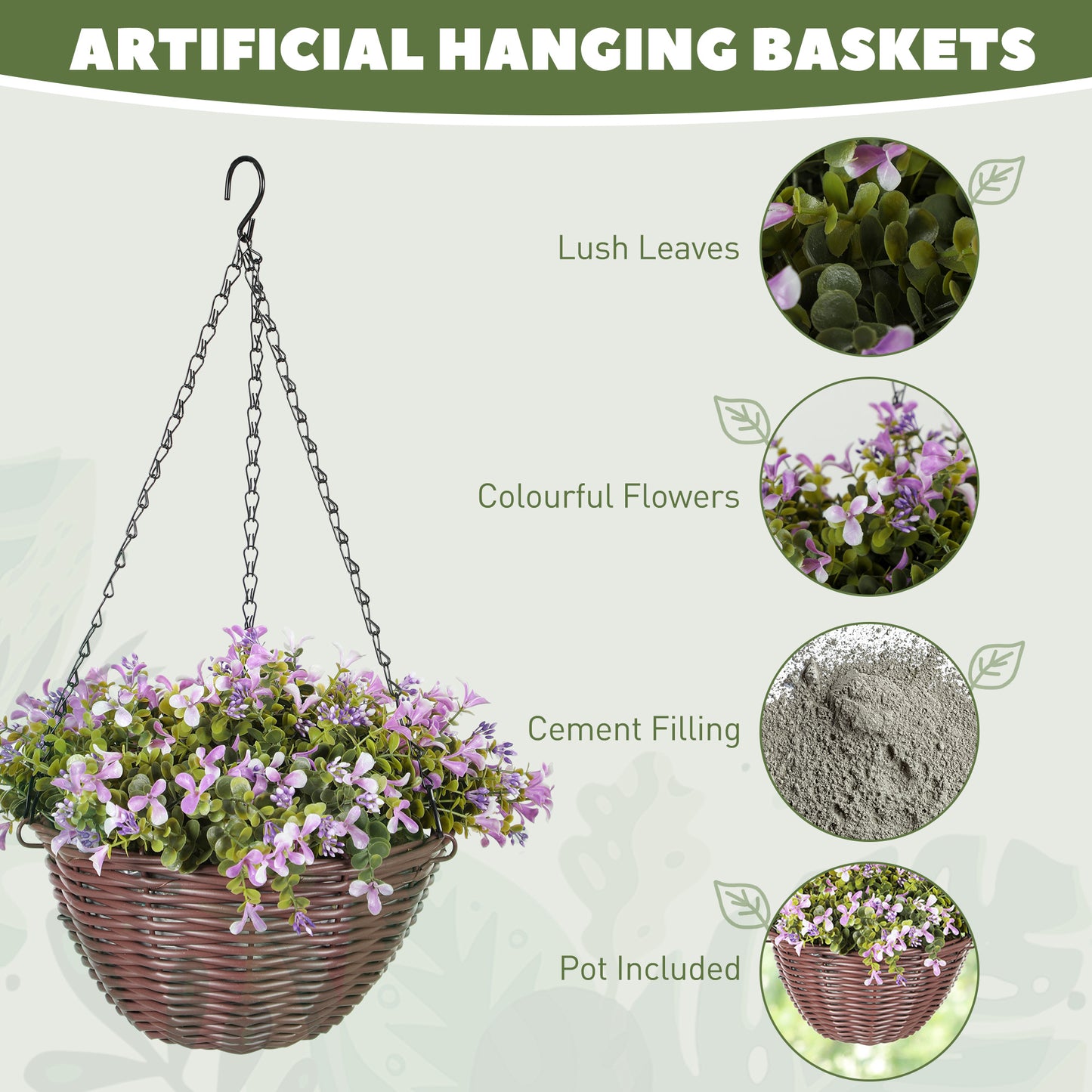 Artificial Flowers in Basket Set of 2, Artificial Hanging Baskets with 75 Leaves and 15 Flowers in Pot