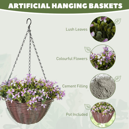 Artificial Flowers in Basket Set of 2, Artificial Hanging Baskets with 75 Leaves and 15 Flowers in Pot