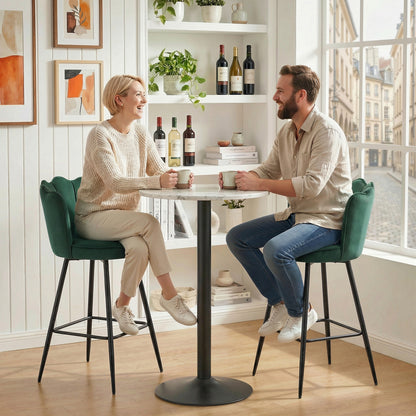 Set of Two Velvet-Feel Lotus Bar Stools - Dark Green