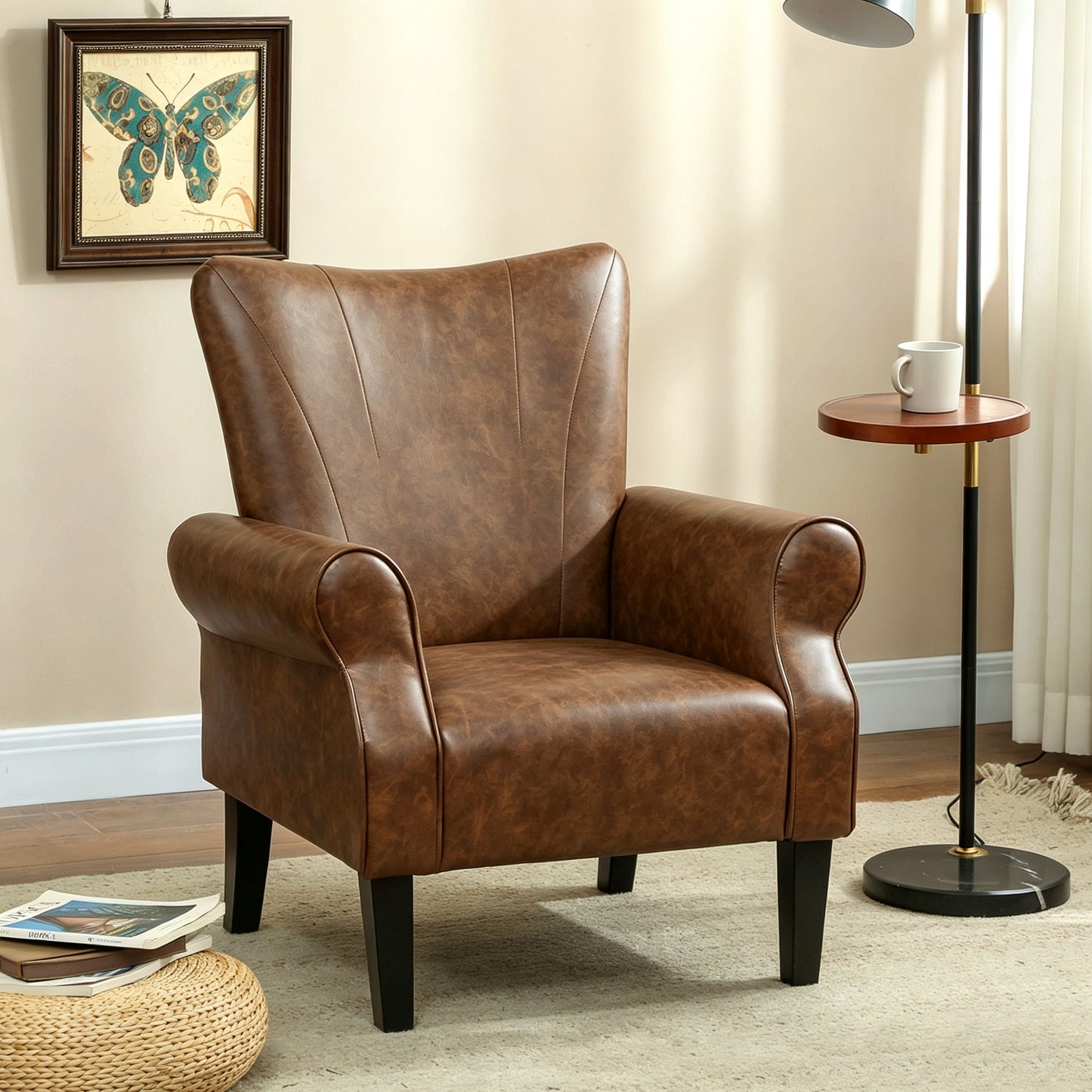 Upholstered Accent Chair with Rolled Arms and Wood Legs, Armchair for Living Room Bedroom, Brown