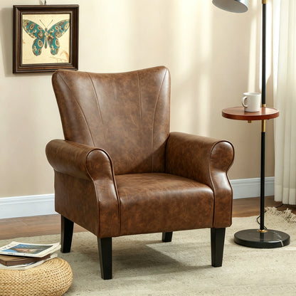 Upholstered Accent Chair with Rolled Arms and Wood Legs, Armchair for Living Room Bedroom, Brown