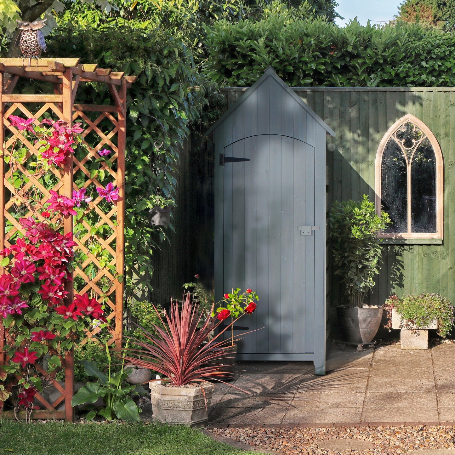 Wooden Garden Storage Shed with 3 Shelves, Outdoor Tool Storage Cabinet with Tilt Roof and Lockable Door