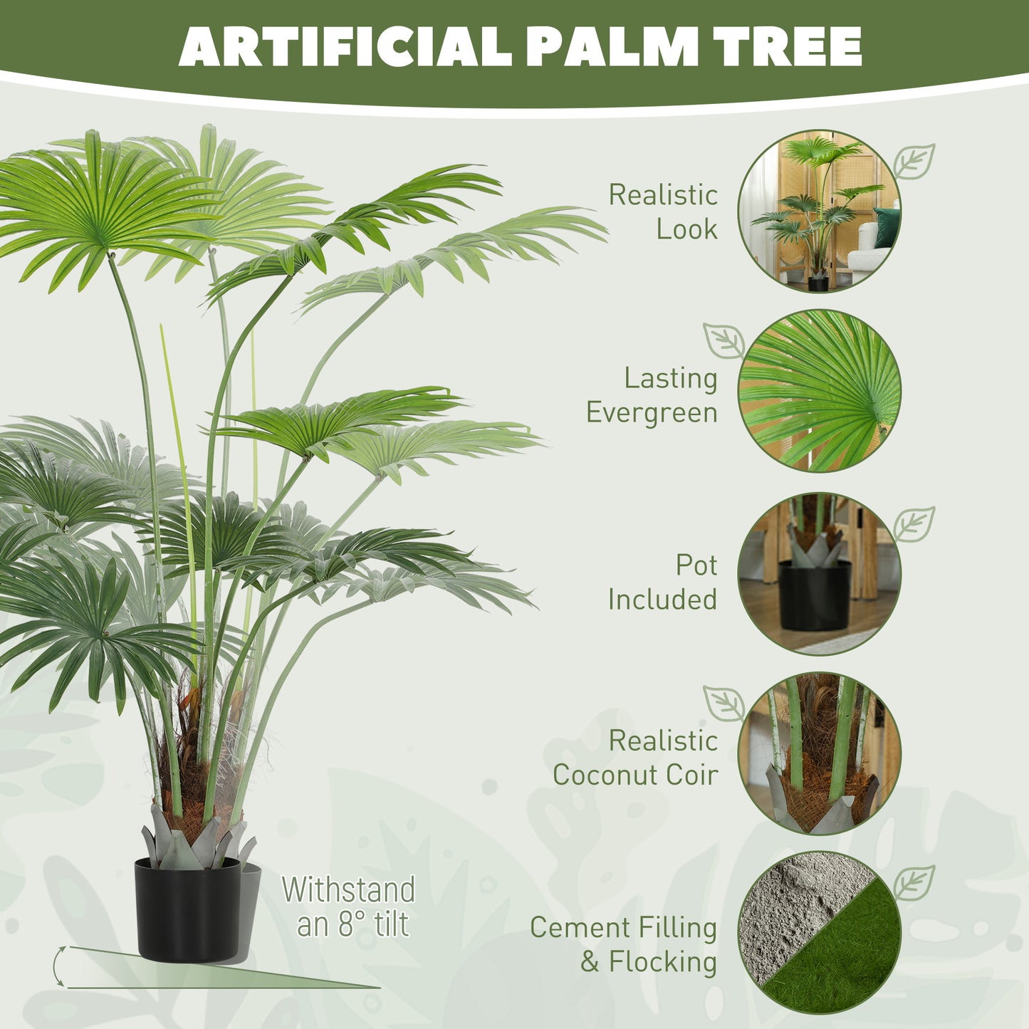 145cm Artificial Palm Tree, Decorative Artificial Plant with Lifelike PEVA Leaves and Coconut Coir