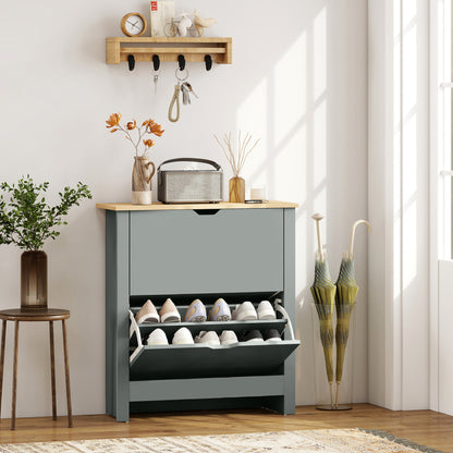 Slim Shoe Cabinet, Narrow Shoe Cupboard with 2 Flip Drawers, Adjustable Shelves for 12 Pairs of Shoes, Light Grey